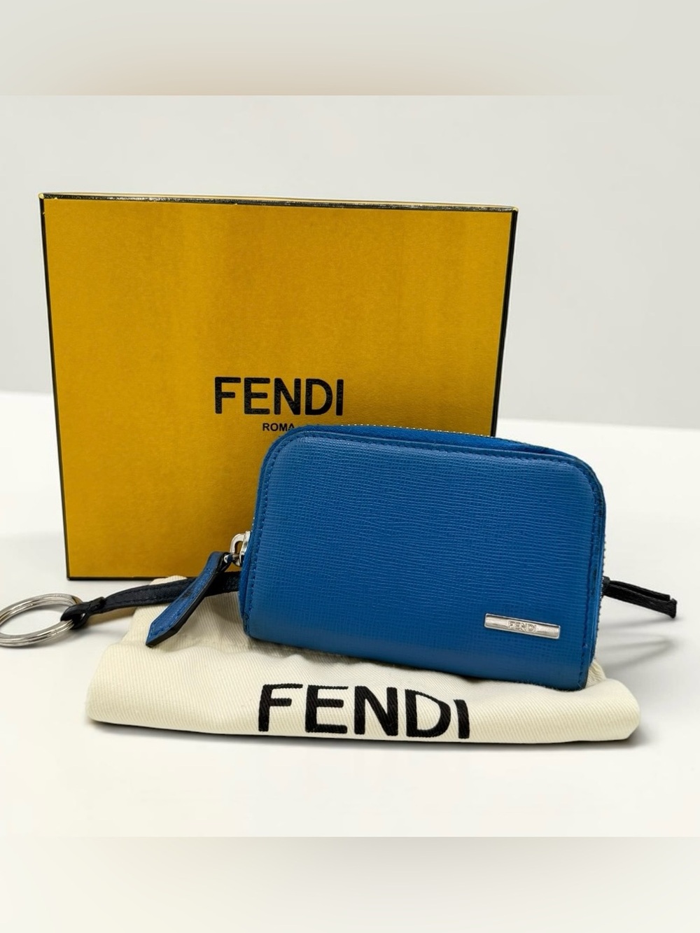 Fendi Small Blue Leather Zip Pouch with Silver Hardware